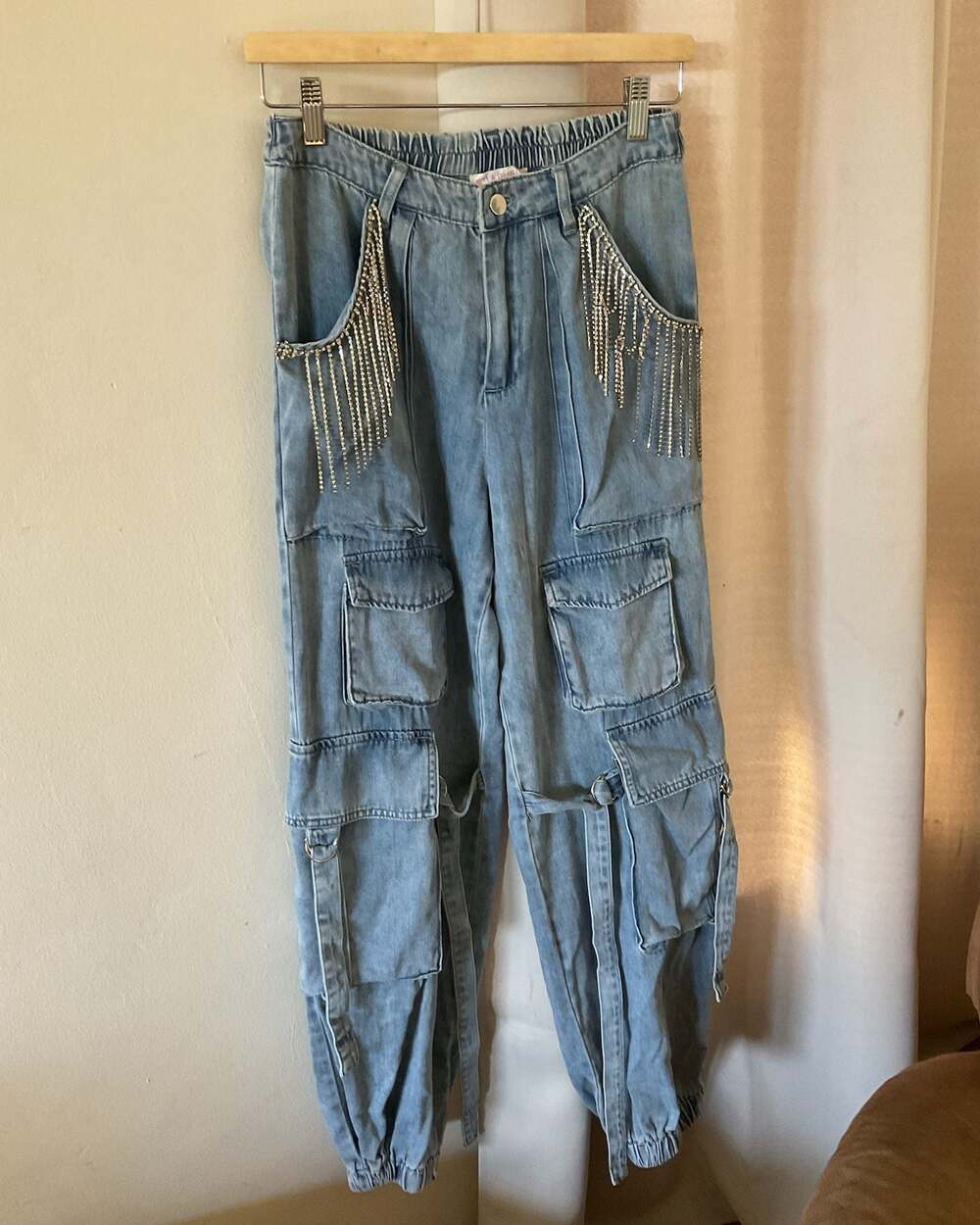 Hot & Delicious Rhinestone Fringe Cargo Denim Jogger Pant